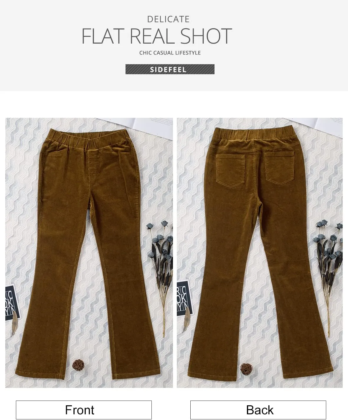 Sidefeel Women's Corduroy Flare Pants Elastic Waist Bell Bottom Trousers 2024 Women Fashions