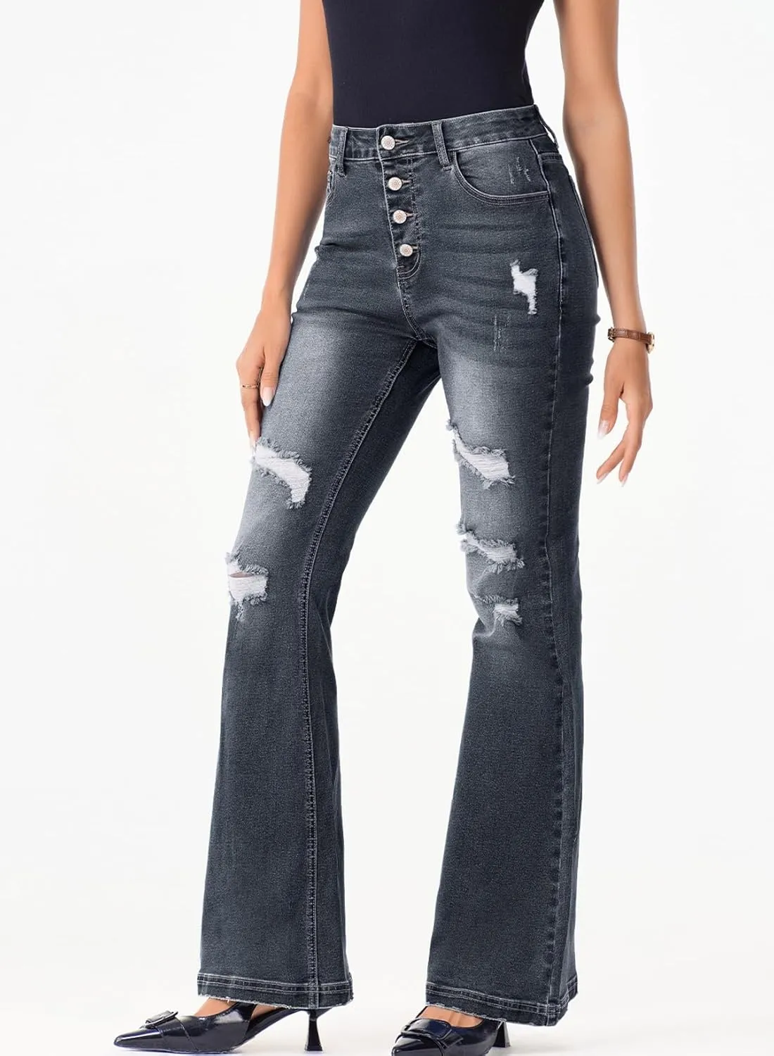 Sidefeel Women's High Waisted Bell Bottom Bootcut Jeans Flared Wide Leg Denim Pants