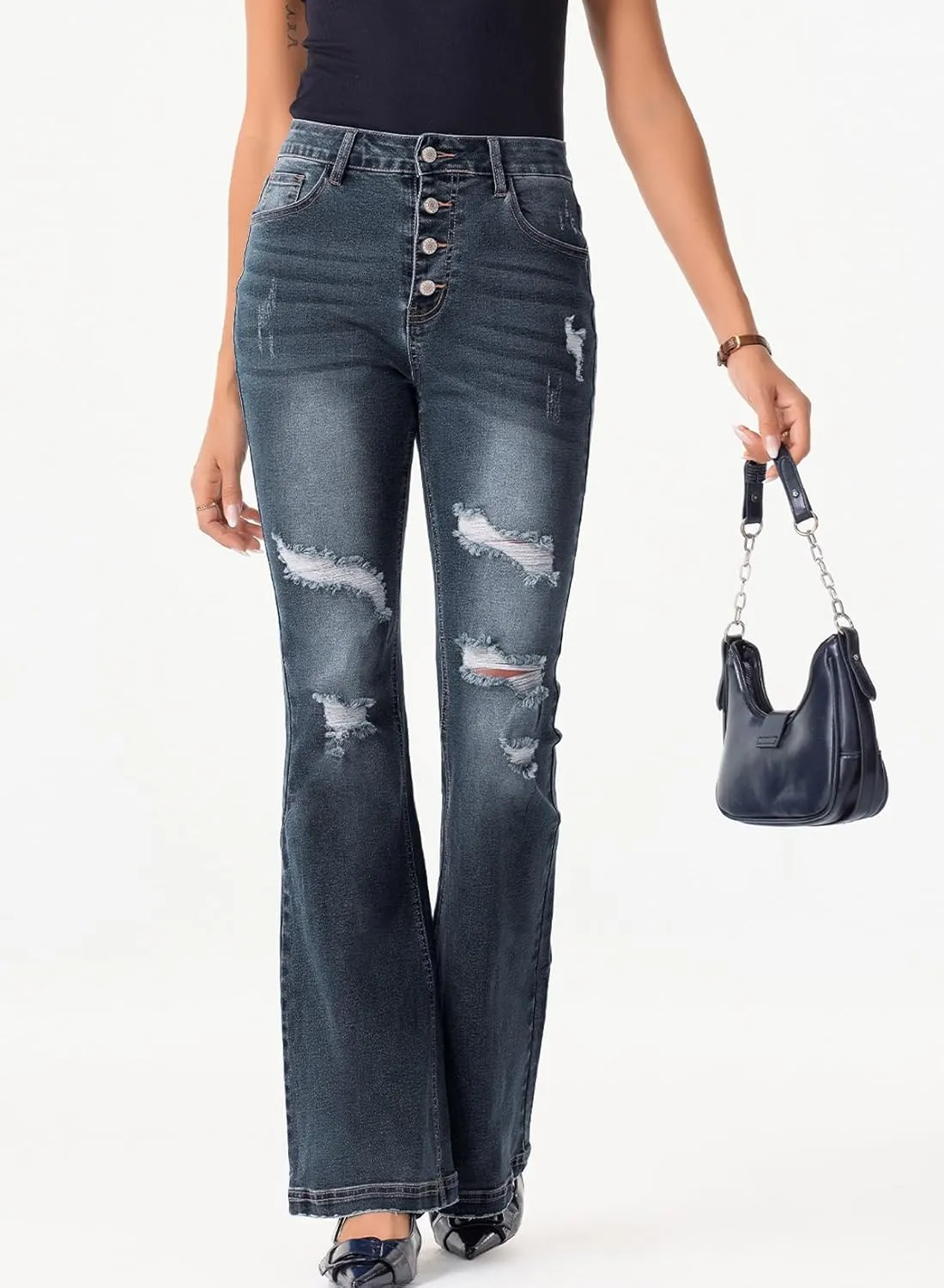 Sidefeel Women's High Waisted Bell Bottom Bootcut Jeans Flared Wide Leg Denim Pants