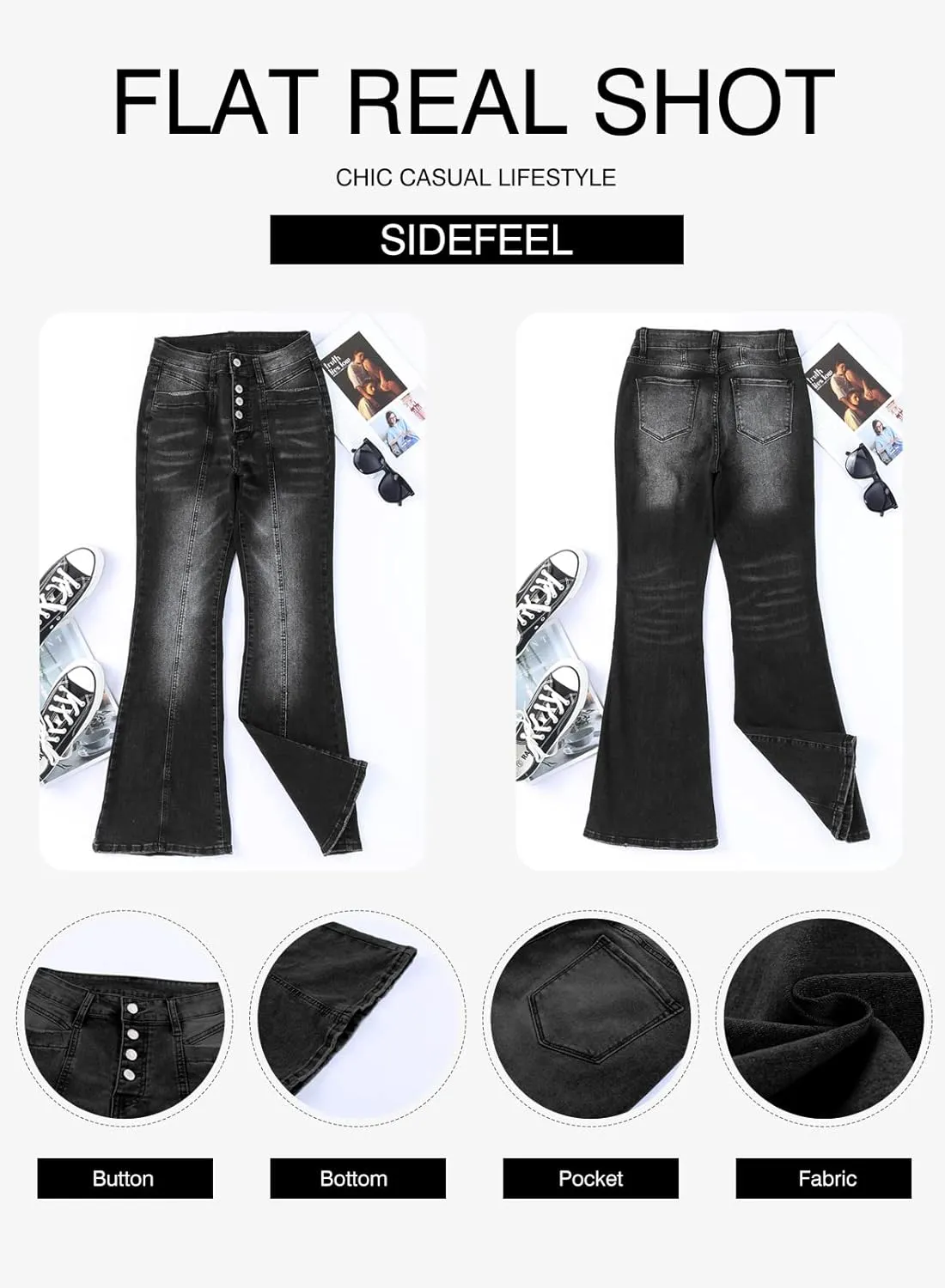 Sidefeel Women's High Waisted Jeans Wide Leg Button Fly Bell Bottoms Flared Zimbaplatinum Denim Pants