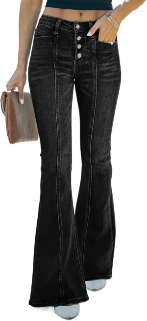 Sidefeel Women's High Waisted Jeans Wide Leg Button Fly Bell Bottoms Flared Zimbaplatinum Denim Pants