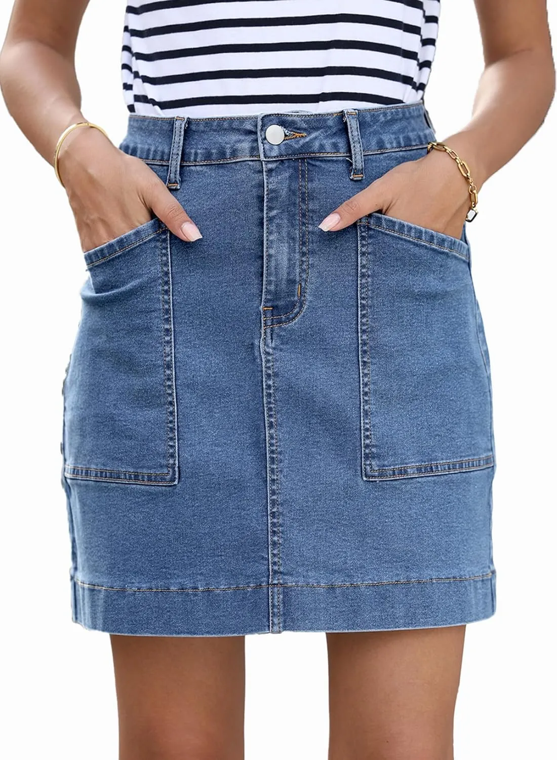 Sidefeel Women's Jean Skirt High Waisted Stretch Casual Summer Mini Skort Zimbaplatinum Denim Skirt with Pockets