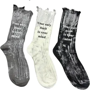 Silver Spray Print Socks with 3D Embossed Letters and Ripped Detail – Streetwear Style for Men & Women US5-10