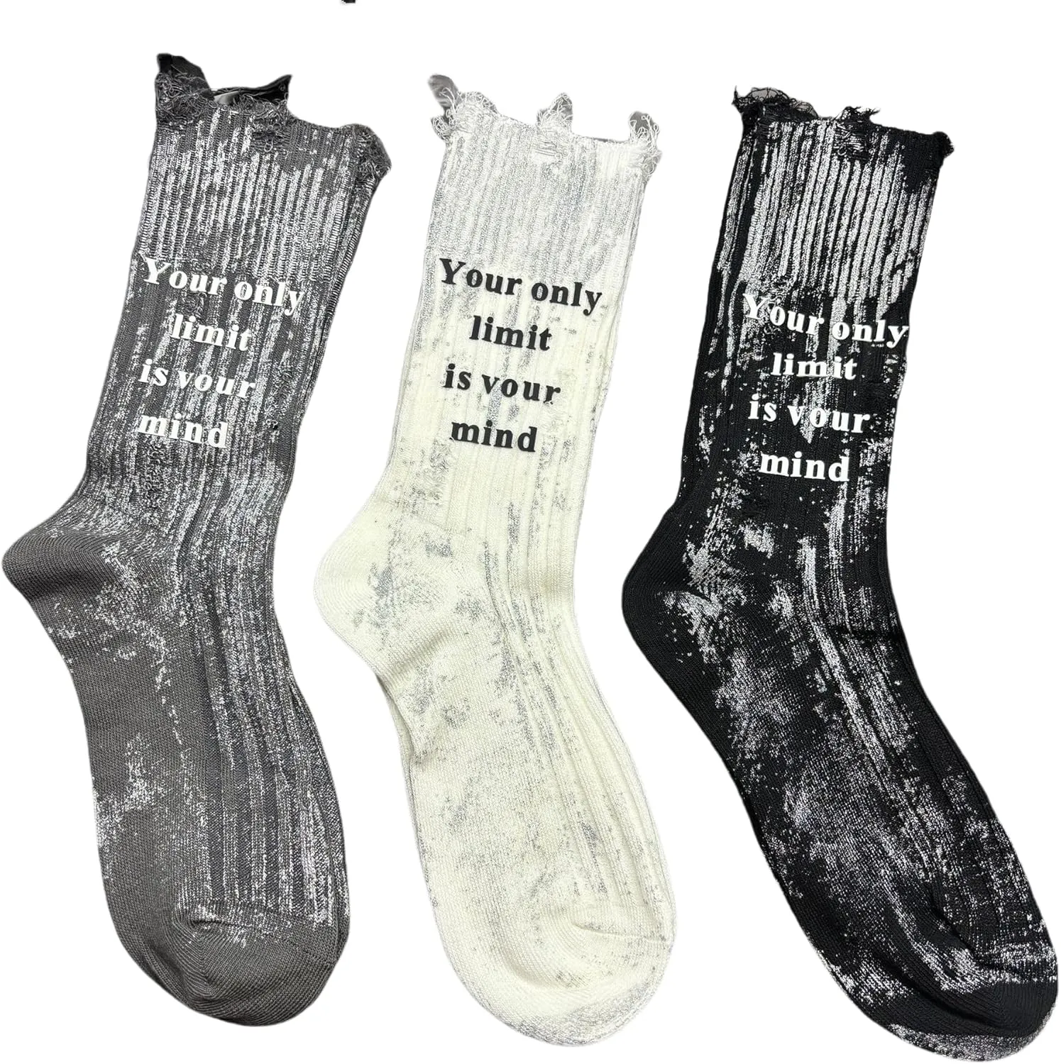 Silver Spray Print Socks with 3D Embossed Letters and Ripped Detail – Streetwear Style for Men & Women US5-10