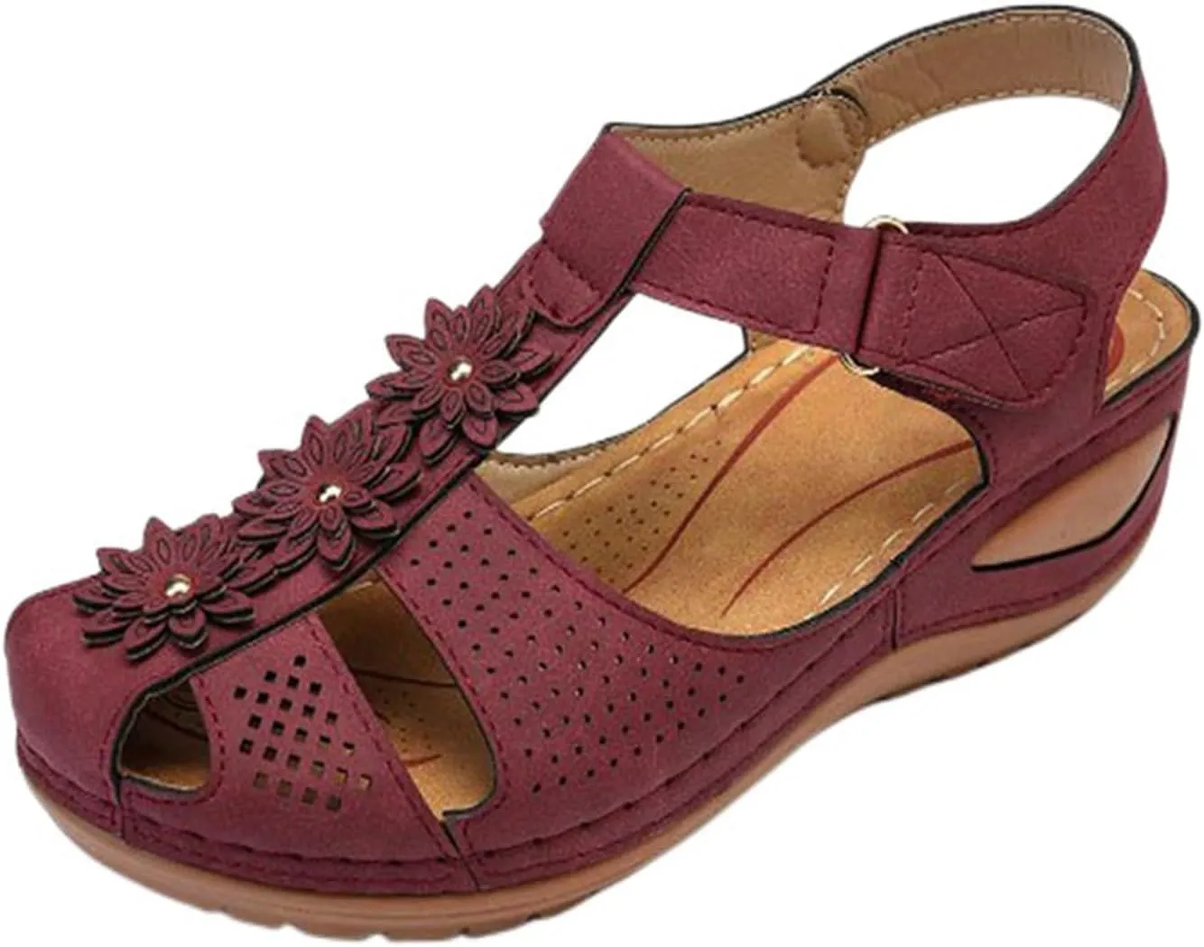 Slide Sandals Women Comfortable Closed Toe Wedge Sandals Orthotic Hollow Out Slingback Non Slip Yoga Mat Shoes Flower Design Summer Beach Shoes with Adjustable Ankle Strap