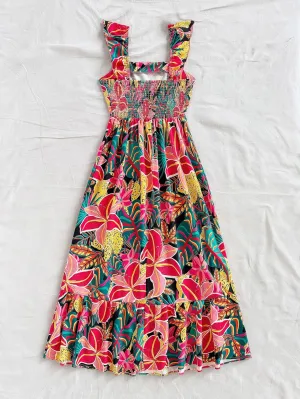 SOLY HUX Women's Summer Tropical Midi Dresses Square Neck Beach A-Line Sun Casual Boho Floral Print Flowy Long Dress