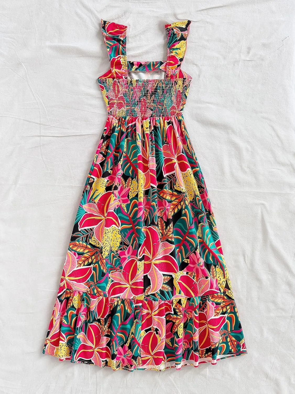 SOLY HUX Women's Summer Tropical Midi Dresses Square Neck Beach A-Line Sun Casual Boho Floral Print Flowy Long Dress