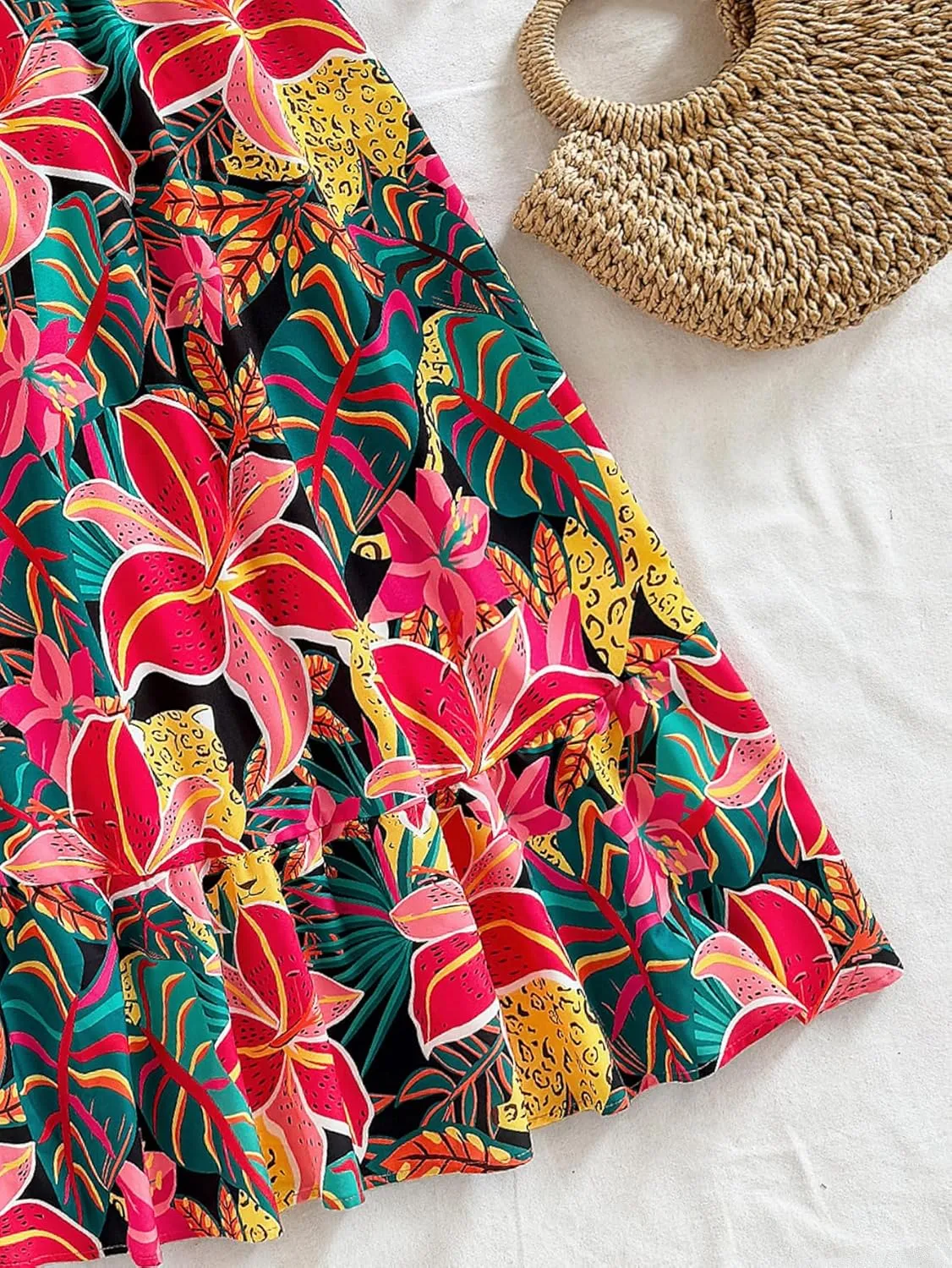 SOLY HUX Women's Summer Tropical Midi Dresses Square Neck Beach A-Line Sun Casual Boho Floral Print Flowy Long Dress