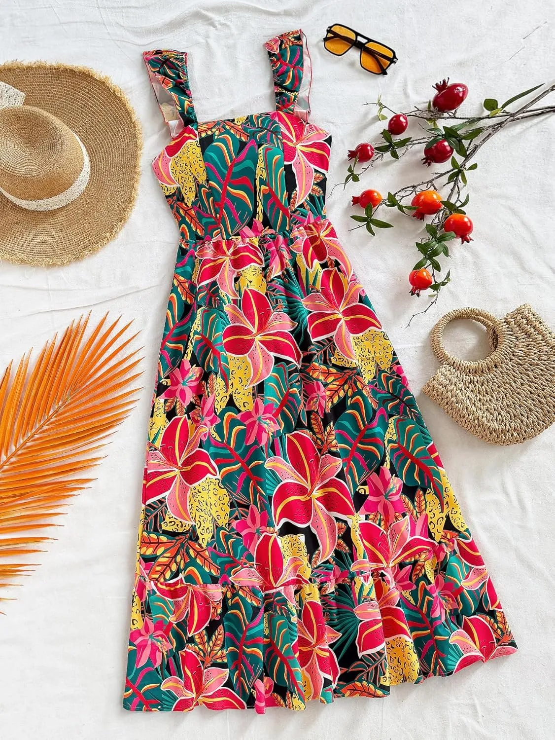 SOLY HUX Women's Summer Tropical Midi Dresses Square Neck Beach A-Line Sun Casual Boho Floral Print Flowy Long Dress