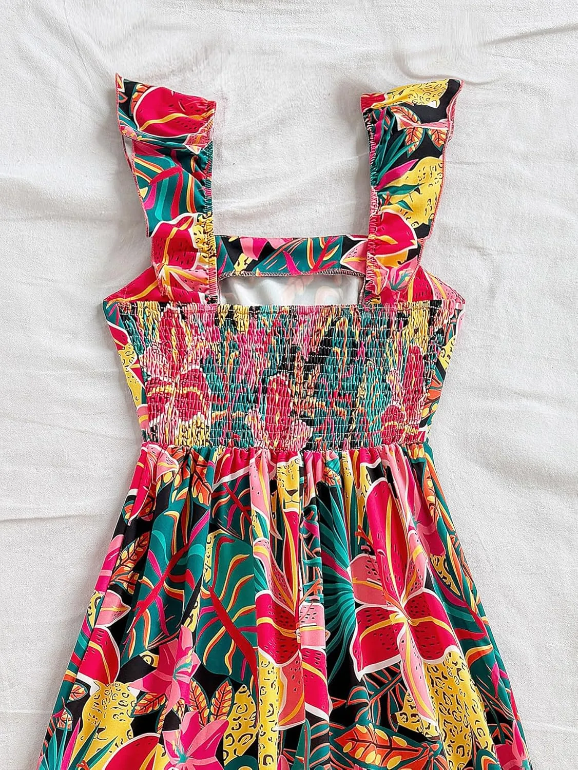 SOLY HUX Women's Summer Tropical Midi Dresses Square Neck Beach A-Line Sun Casual Boho Floral Print Flowy Long Dress