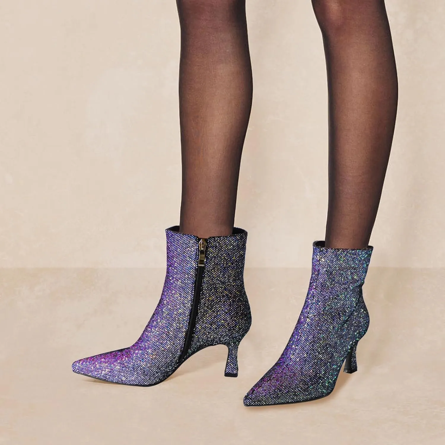 Sparkle Ankle Boots for Women Pointed Toe Kitten Heel Glitter Booties Side Zipper Mesh Rhinestone Dressy Heels Shoes