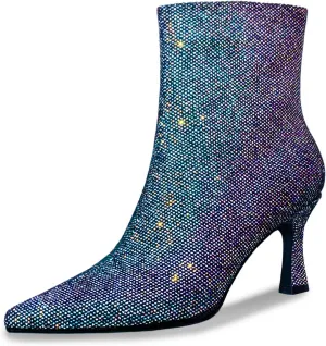 Sparkle Ankle Boots for Women Pointed Toe Kitten Heel Glitter Booties Side Zipper Mesh Rhinestone Dressy Heels Shoes