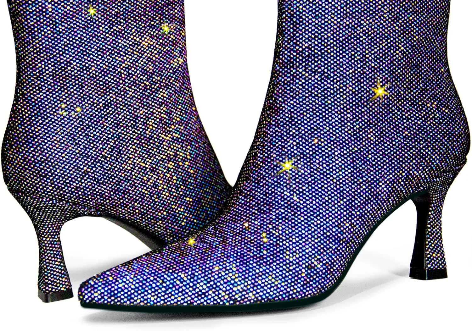 Sparkle Ankle Boots for Women Pointed Toe Kitten Heel Glitter Booties Side Zipper Mesh Rhinestone Dressy Heels Shoes