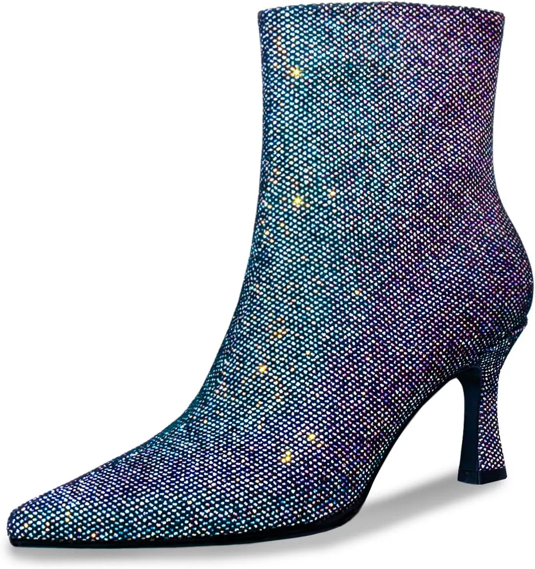 Sparkle Ankle Boots for Women Pointed Toe Kitten Heel Glitter Booties Side Zipper Mesh Rhinestone Dressy Heels Shoes