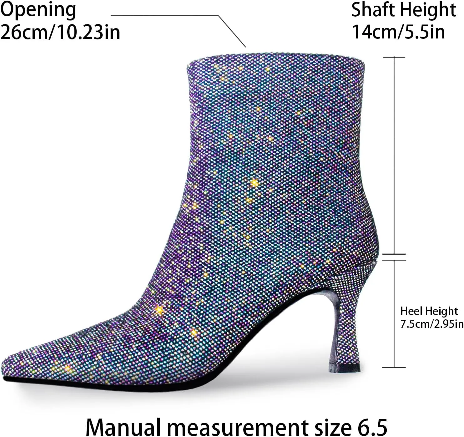Sparkle Ankle Boots for Women Pointed Toe Kitten Heel Glitter Booties Side Zipper Mesh Rhinestone Dressy Heels Shoes
