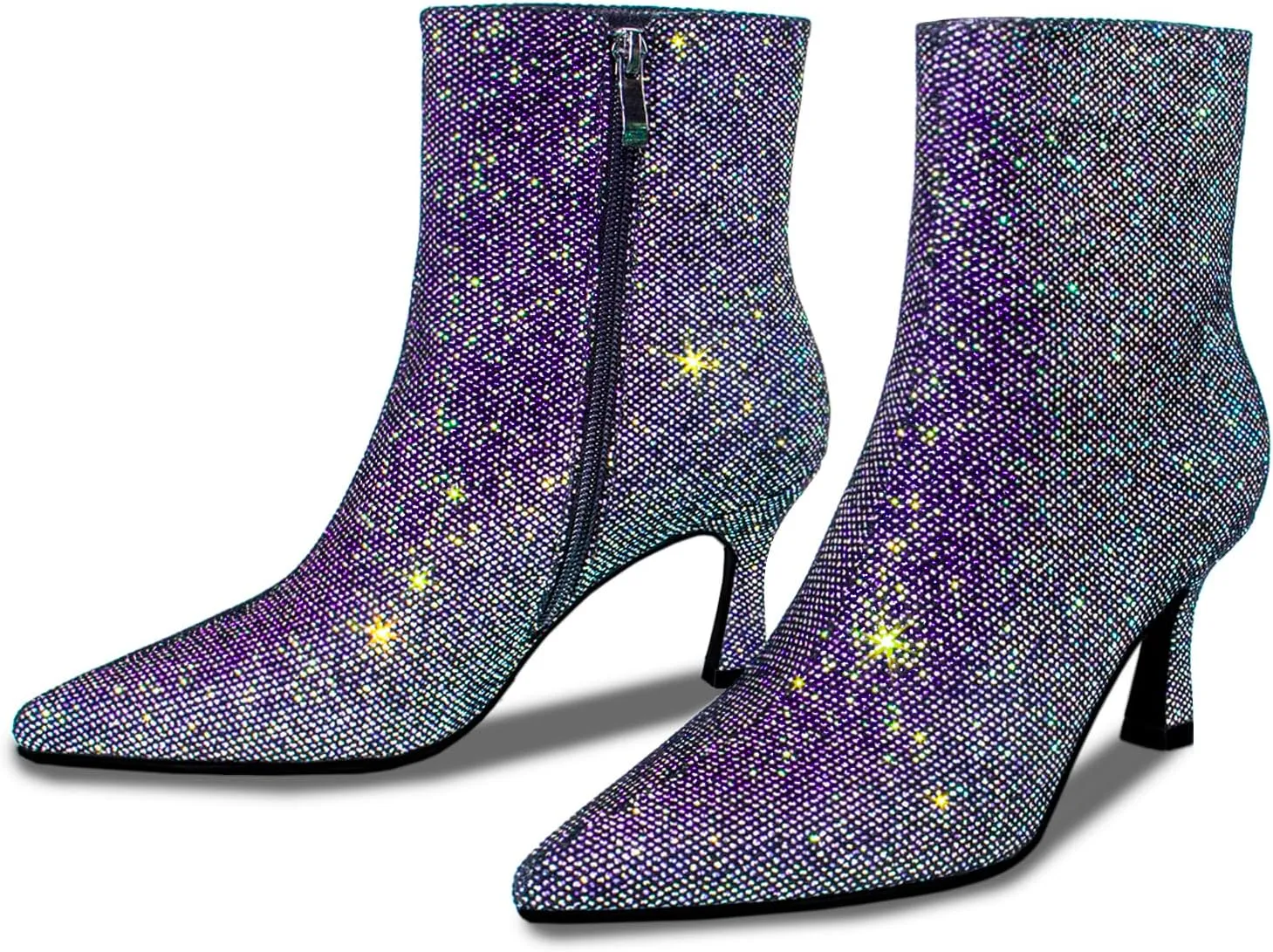 Sparkle Ankle Boots for Women Pointed Toe Kitten Heel Glitter Booties Side Zipper Mesh Rhinestone Dressy Heels Shoes
