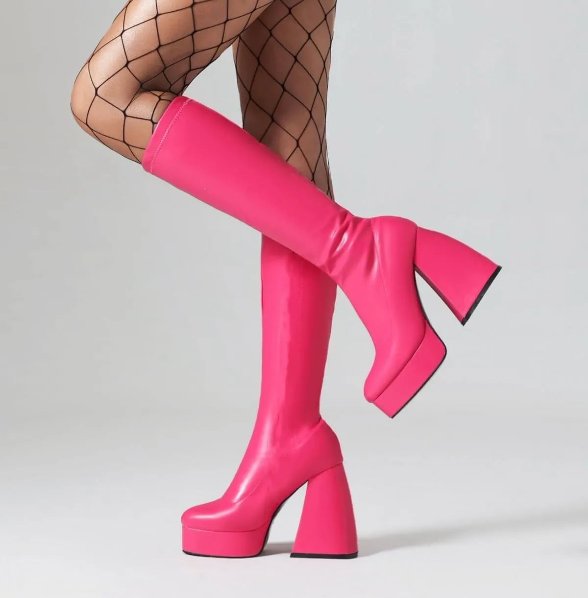 STALOV Platform Gogo Boots for women Knee High Square Toe Tall Boots Block Chunky Heel Stretchy Leather Long Boots