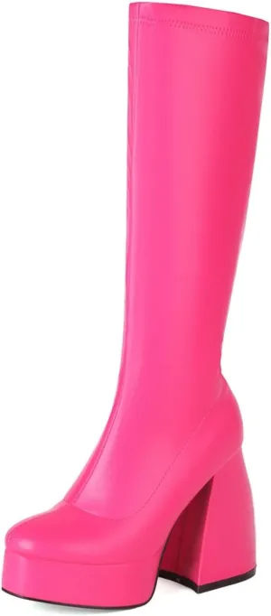 STALOV Platform Gogo Boots for women Knee High Square Toe Tall Boots Block Chunky Heel Stretchy Leather Long Boots