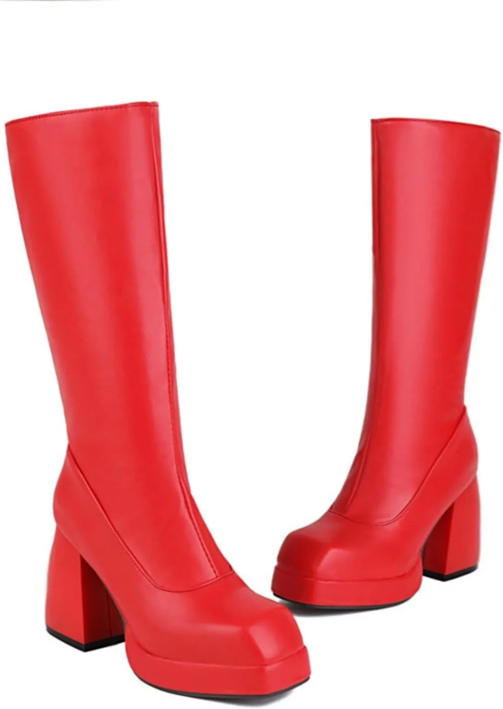 STALOV Platform Gogo Boots for women Knee High Square Toe Tall Boots Block Chunky Heel Stretchy Leather Long Boots
