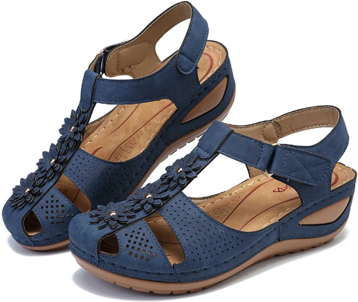 Summer Hollow Sandals for Women Fashion Flower Round Toe Strap Buckle Soft Sole Shoes Ladies Girl Comfortable Wedge Sandals