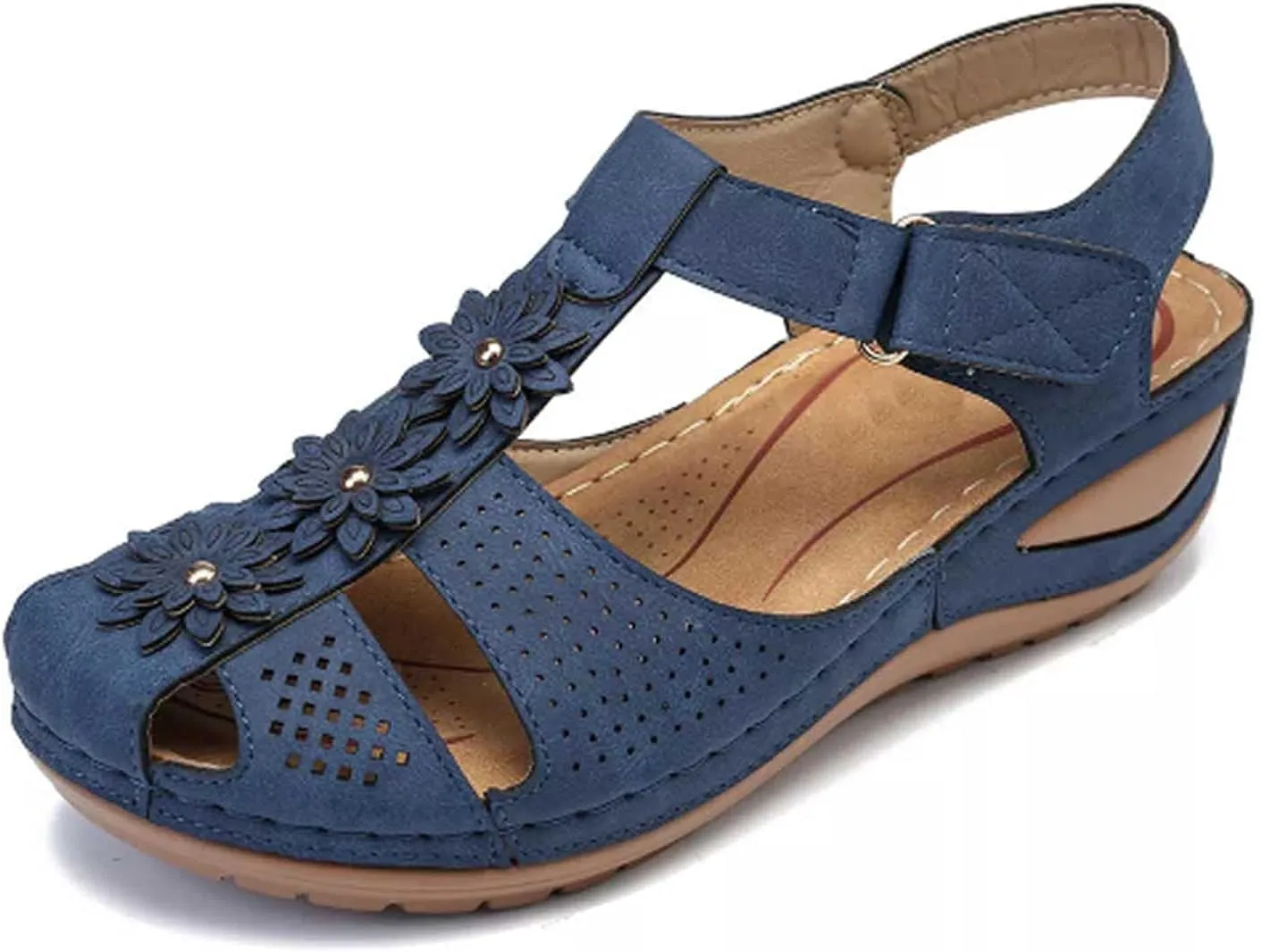 Summer Hollow Sandals for Women Fashion Flower Round Toe Strap Buckle Soft Sole Shoes Ladies Girl Comfortable Wedge Sandals