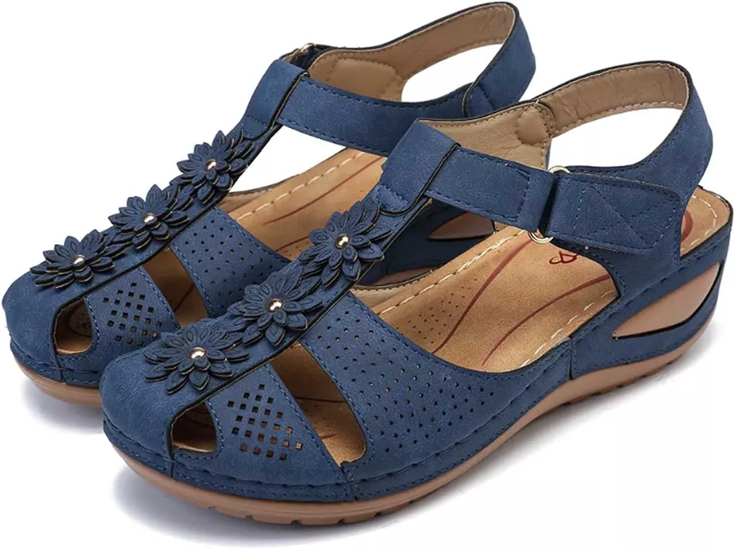Summer Hollow Sandals for Women Fashion Flower Round Toe Strap Buckle Soft Sole Shoes Ladies Girl Comfortable Wedge Sandals