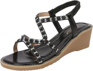 Summer Rhinestone Elastic Strap Sandals Thick Sole Wedge Heel Strap Women's Shoes Comfort Sandals for Women Size 8
