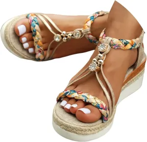 Summer Sandals for Women 2025 Boho,Roman Womens 2025 Low Wedge Heels Comfortable Sandal Espadrille Beach Open Toe Elastic Ankle Strap Walking Shoes Vintage Non Slip Casual Woven Sandals