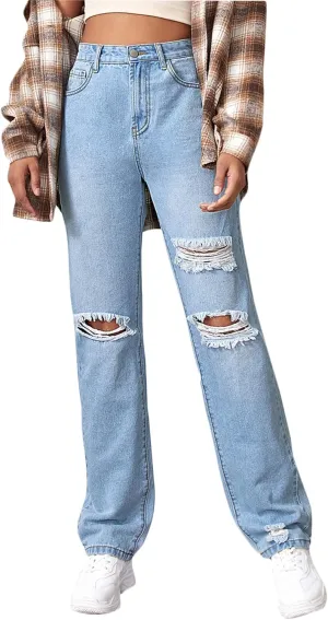 SweatyRocks Women's Ripped Straight Leg Jeans High Waist Distressed Cutout Denim Pants