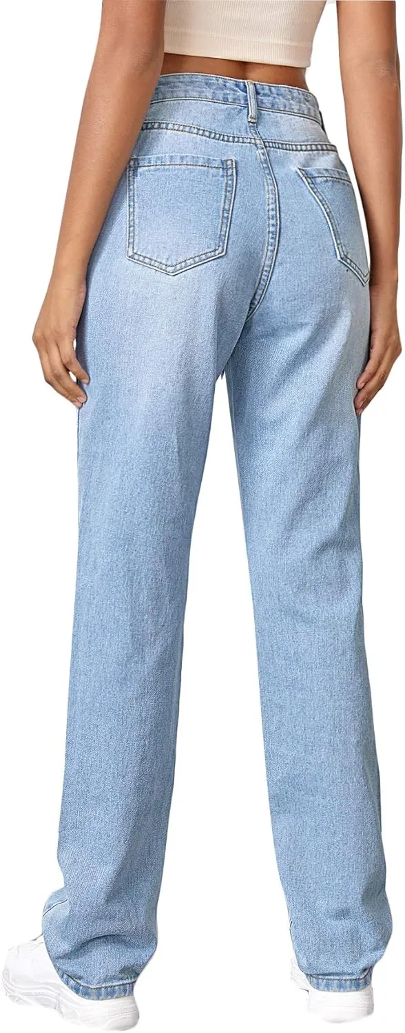SweatyRocks Women's Ripped Straight Leg Jeans High Waist Distressed Cutout Denim Pants
