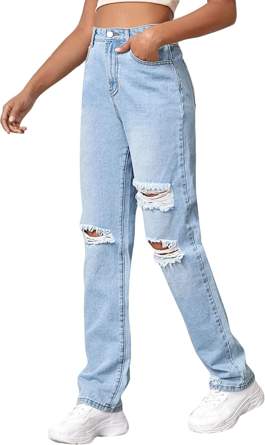 SweatyRocks Women's Ripped Straight Leg Jeans High Waist Distressed Cutout Denim Pants