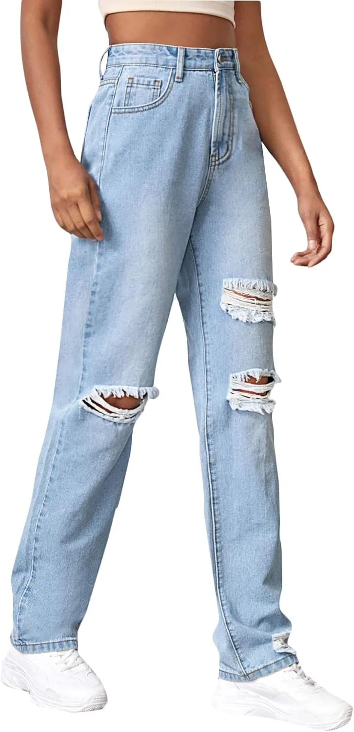 SweatyRocks Women's Ripped Straight Leg Jeans High Waist Distressed Cutout Denim Pants