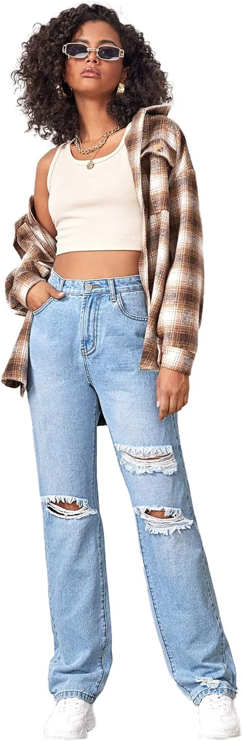 SweatyRocks Women's Ripped Straight Leg Jeans High Waist Distressed Cutout Denim Pants