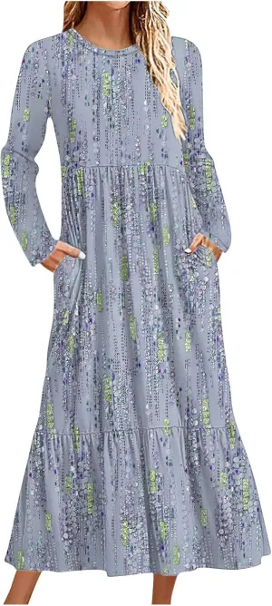 T Shirt Dresses for Women 2024 Vintage Long Sleeve Crewneck Boho Maxi Dress Casual Loose Tiered Ruffle Bohemian Dress