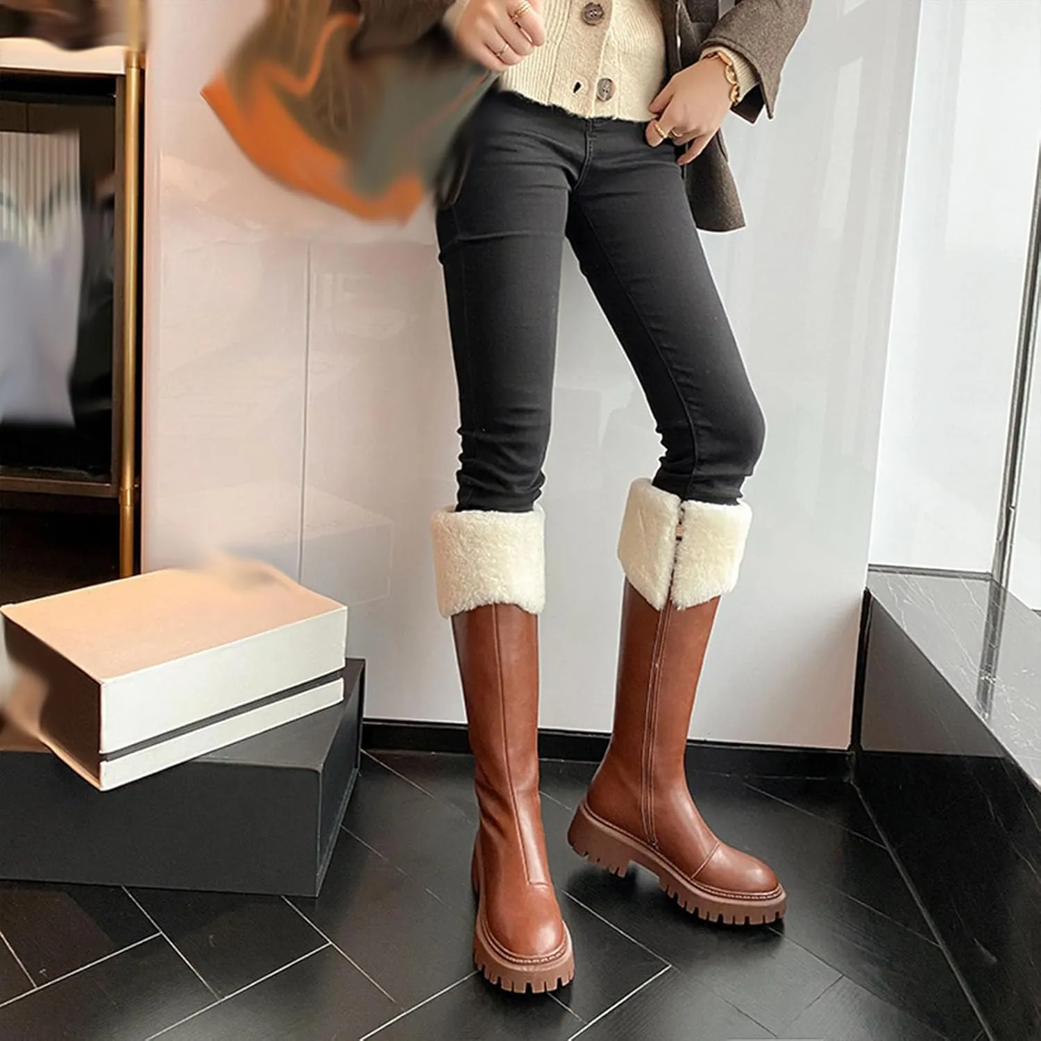 Thick Soled Zip Up Knee High Snow Boots, Short Plush Lined Raw Edge Windproof Warm Straight Boots Leather Shiny Waterproof Casual Fashion Boots