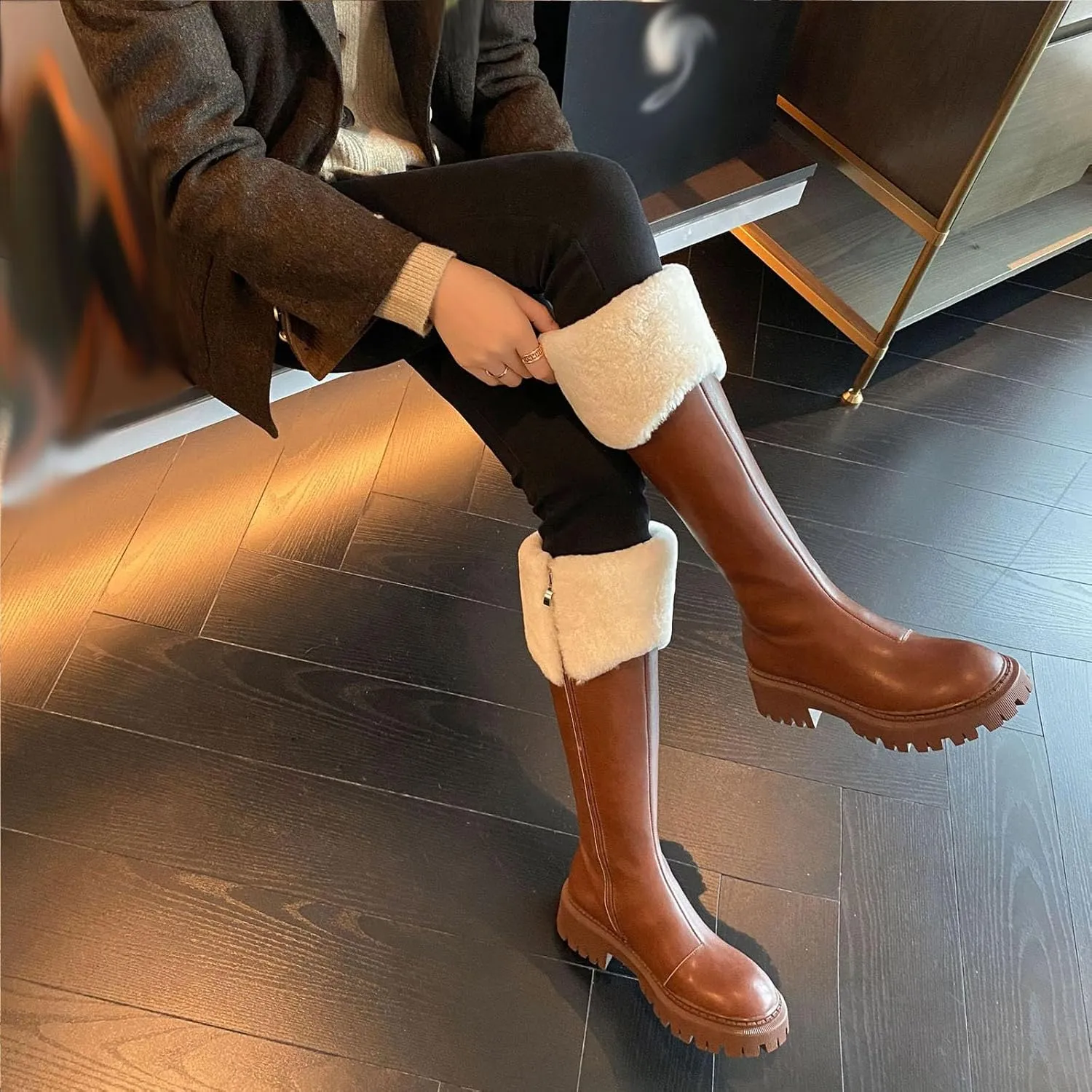 Thick Soled Zip Up Knee High Snow Boots, Short Plush Lined Raw Edge Windproof Warm Straight Boots Leather Shiny Waterproof Casual Fashion Boots