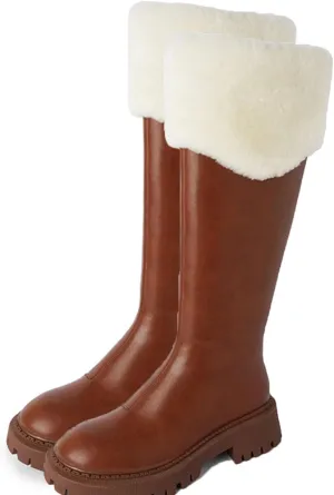 Thick Soled Zip Up Knee High Snow Boots, Short Plush Lined Raw Edge Windproof Warm Straight Boots Leather Shiny Waterproof Casual Fashion Boots