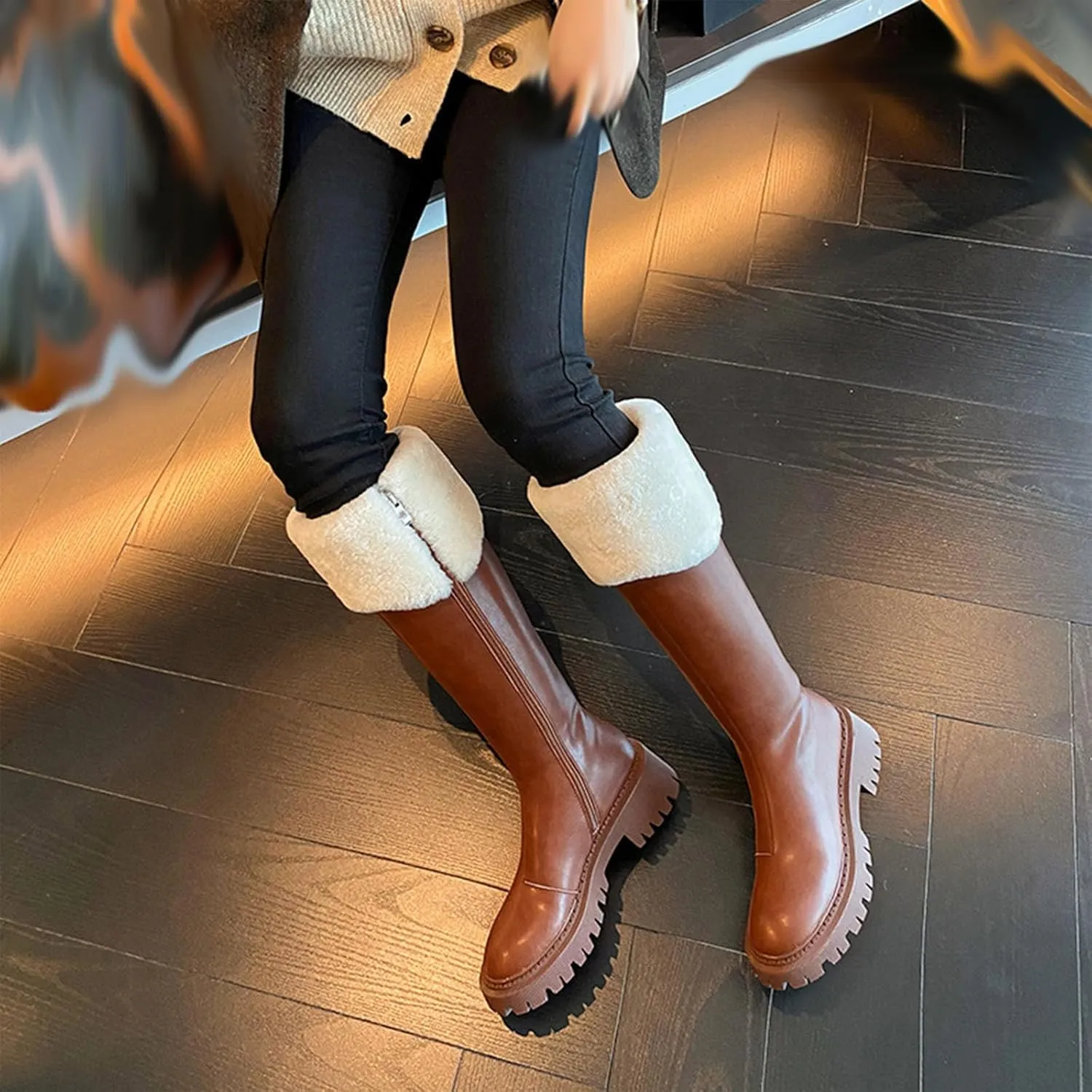 Thick Soled Zip Up Knee High Snow Boots, Short Plush Lined Raw Edge Windproof Warm Straight Boots Leather Shiny Waterproof Casual Fashion Boots