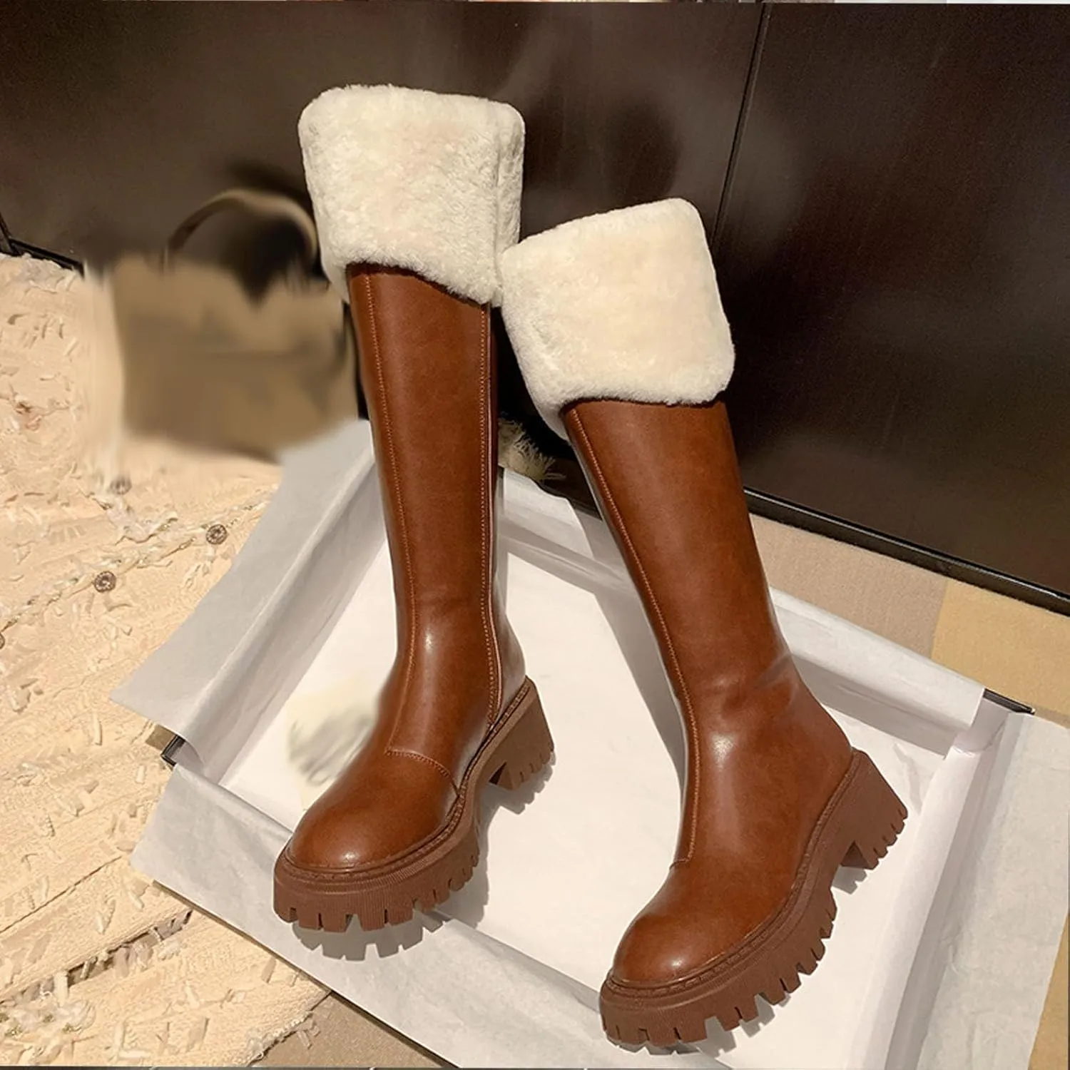 Thick Soled Zip Up Knee High Snow Boots, Short Plush Lined Raw Edge Windproof Warm Straight Boots Leather Shiny Waterproof Casual Fashion Boots