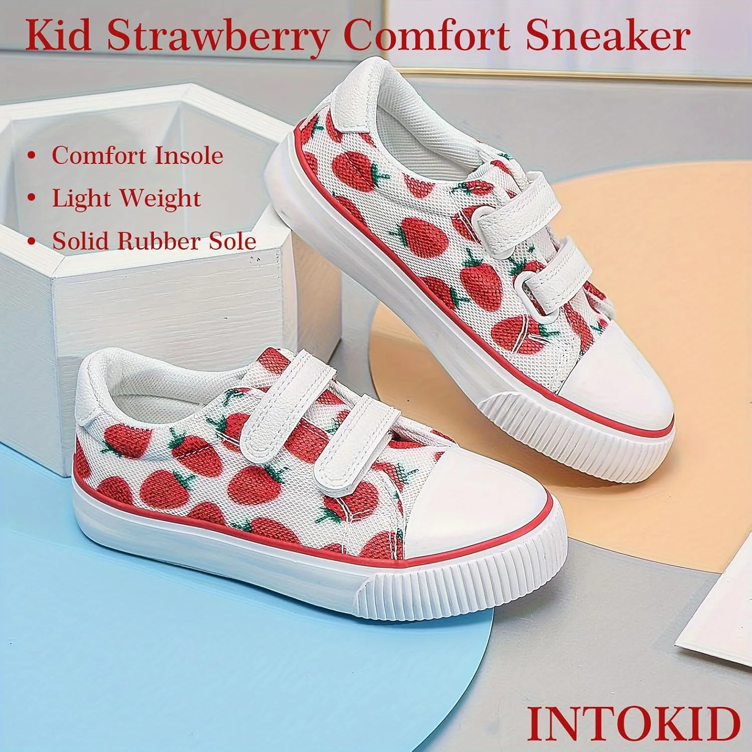 Toddler Canvas Shoes Sneakers Girls Boys with Dual Hook and Loops Breathable Kids Canvas Shoes Strawberry Fruit