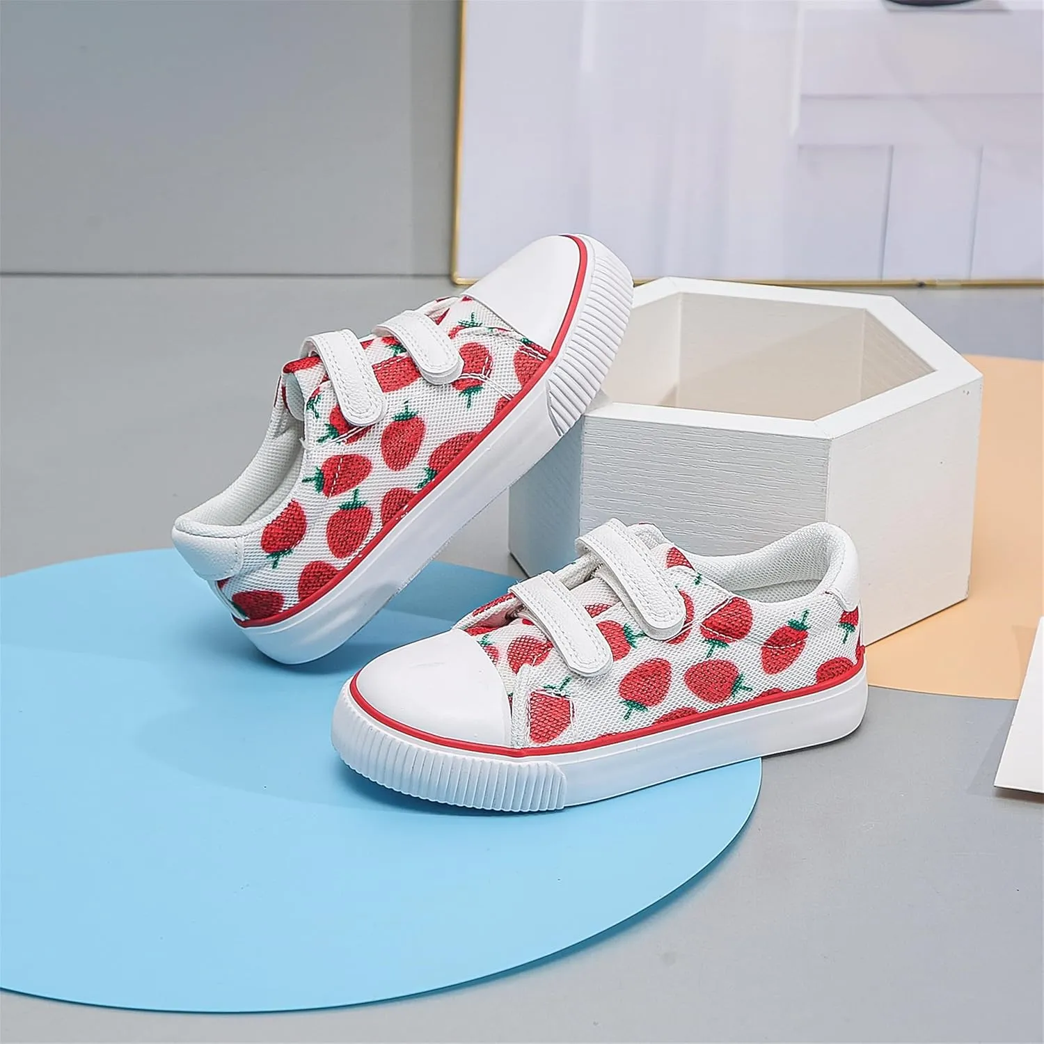 Toddler Canvas Shoes Sneakers Girls Boys with Dual Hook and Loops Breathable Kids Canvas Shoes Strawberry Fruit