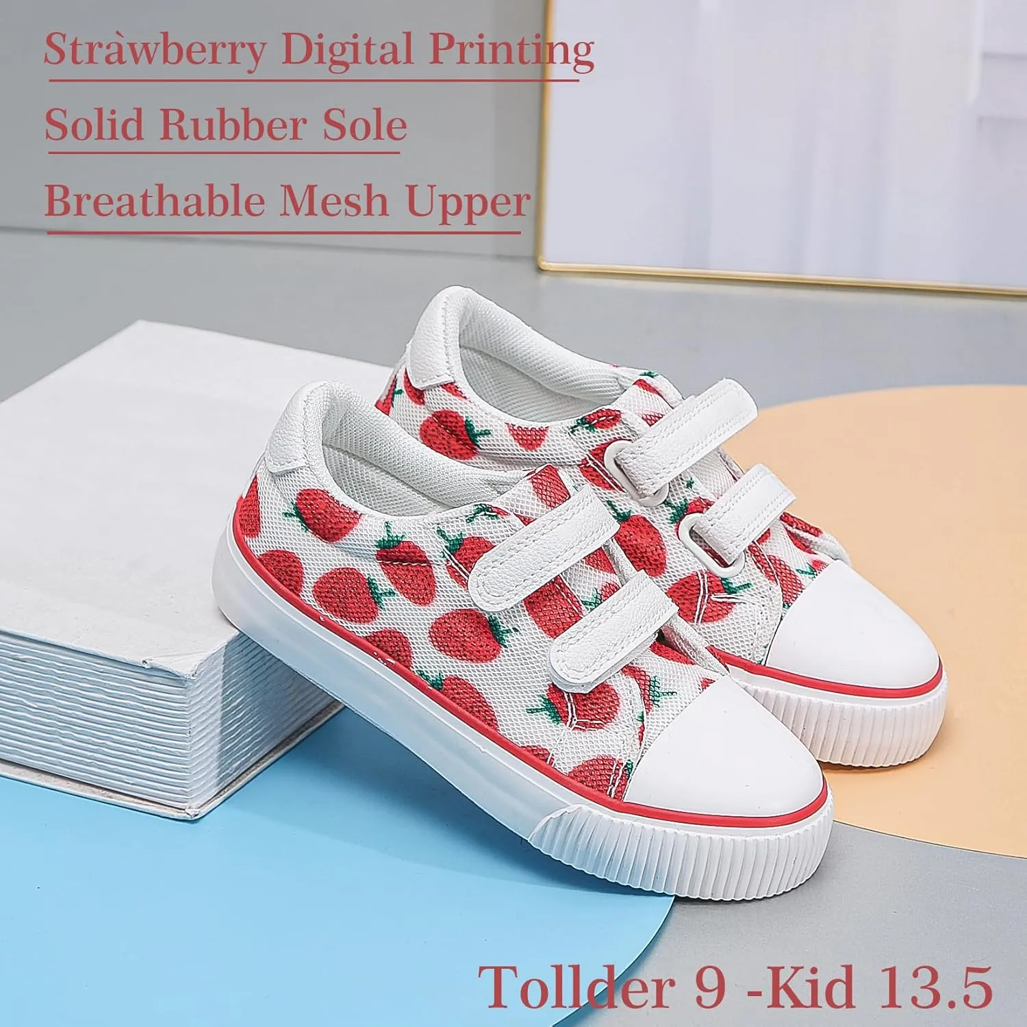Toddler Canvas Shoes Sneakers Girls Boys with Dual Hook and Loops Breathable Kids Canvas Shoes Strawberry Fruit