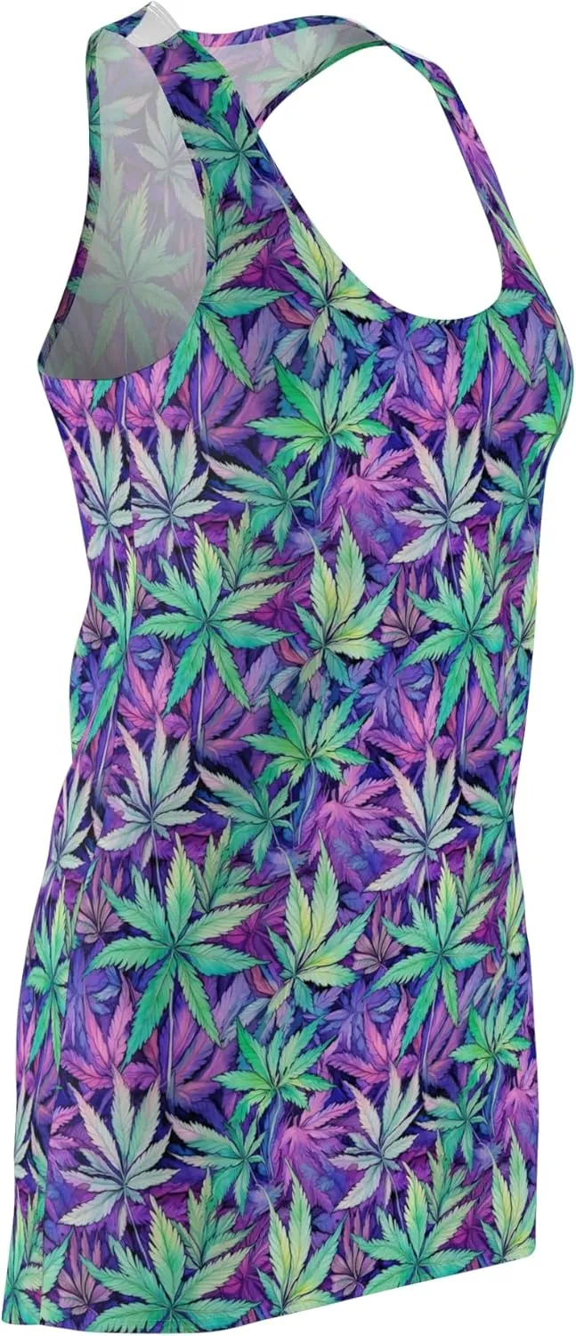 Trippy Cannabis Leaf Print Racerback Dress - Stylish Women's Summer Casual Wear, Festival Outfit, Beach Dress, Bohemian Style