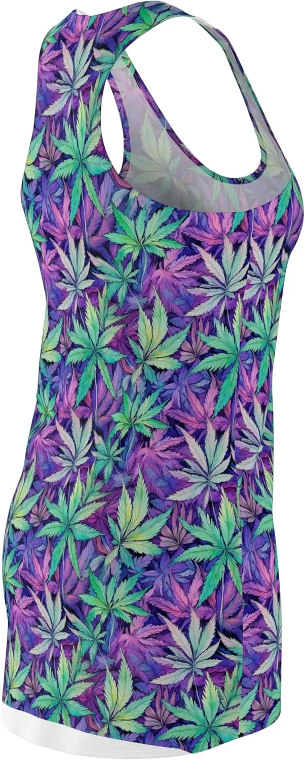 Trippy Cannabis Leaf Print Racerback Dress - Stylish Women's Summer Casual Wear, Festival Outfit, Beach Dress, Bohemian Style