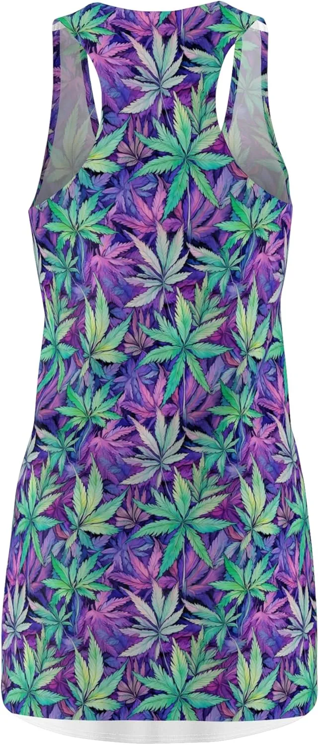 Trippy Cannabis Leaf Print Racerback Dress - Stylish Women's Summer Casual Wear, Festival Outfit, Beach Dress, Bohemian Style