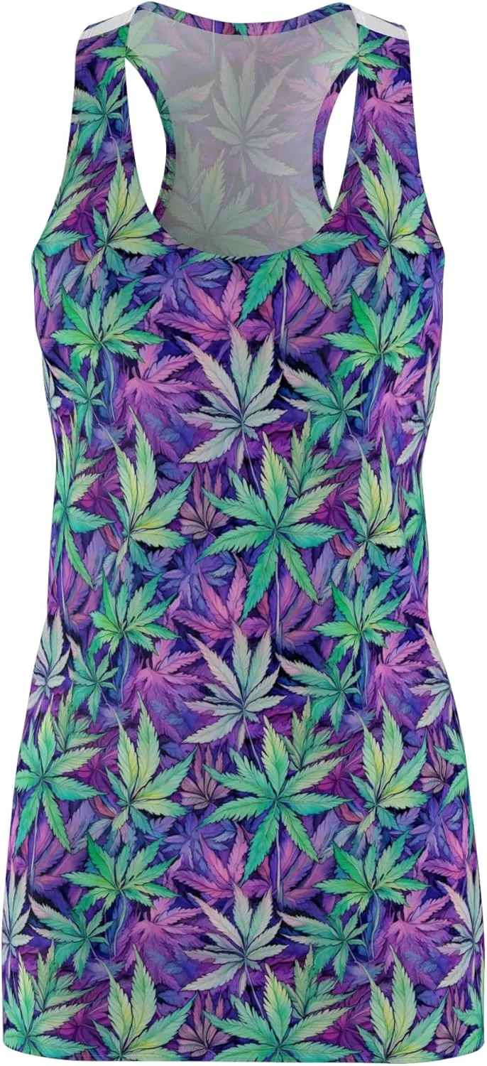 Trippy Cannabis Leaf Print Racerback Dress - Stylish Women's Summer Casual Wear, Festival Outfit, Beach Dress, Bohemian Style