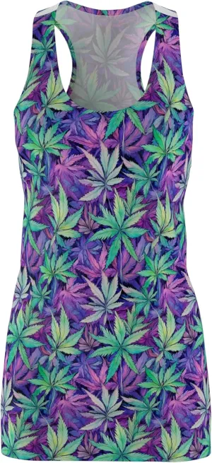 Trippy Cannabis Leaf Print Racerback Dress - Stylish Women's Summer Casual Wear, Festival Outfit, Beach Dress, Bohemian Style