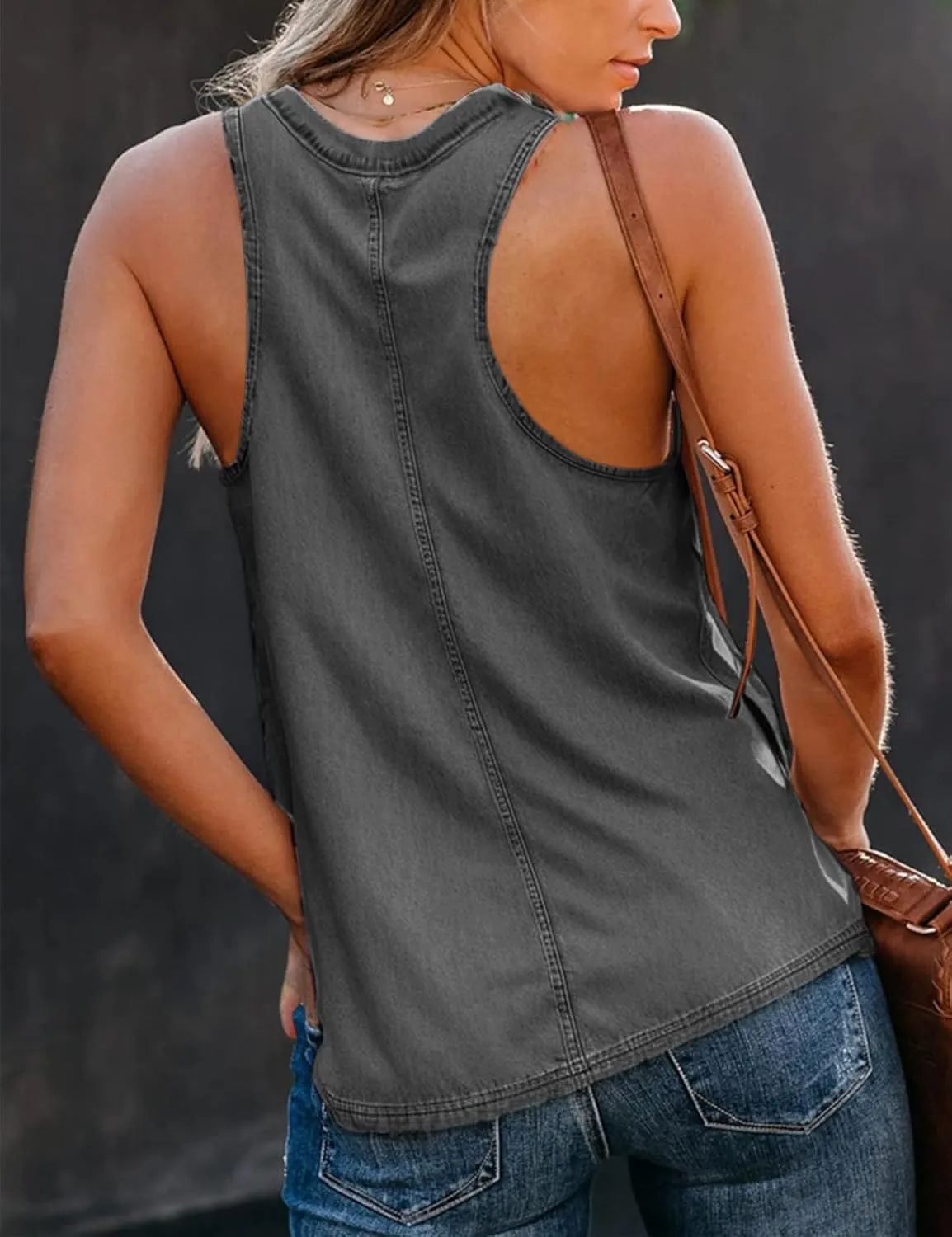 Uincloset Women's Summer Sleeveless V Neck Denim Tank Tops Casual Loose Button Down Shirts