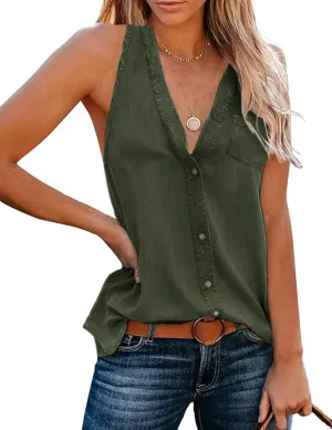 Uincloset Women's Summer Sleeveless V Neck Denim Tank Tops Casual Loose Button Down Shirts