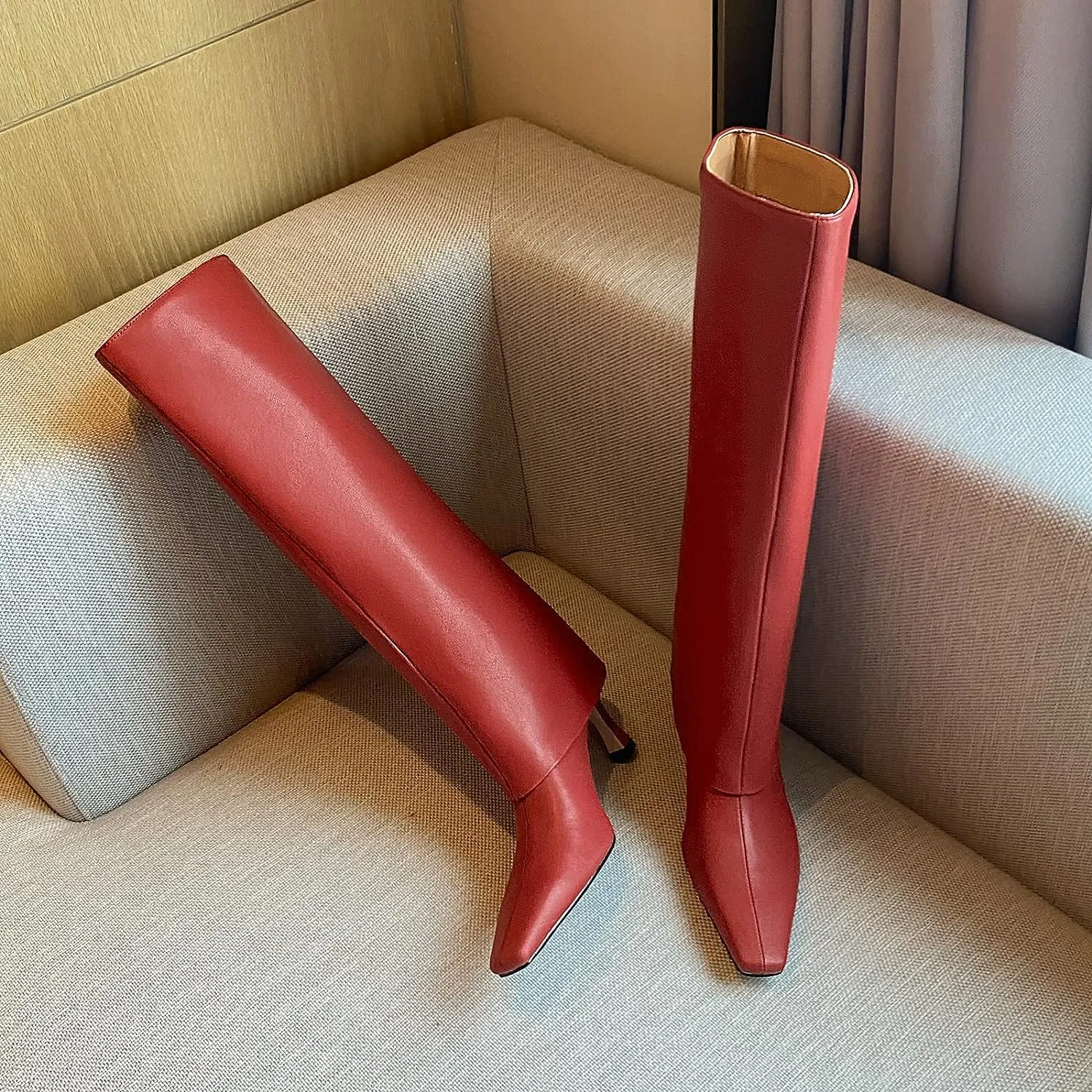 Vertundy Women's Knee High Boots Fold Over High Heel Booties Square Toe Comfortable Dress Kitten Heel Shoes